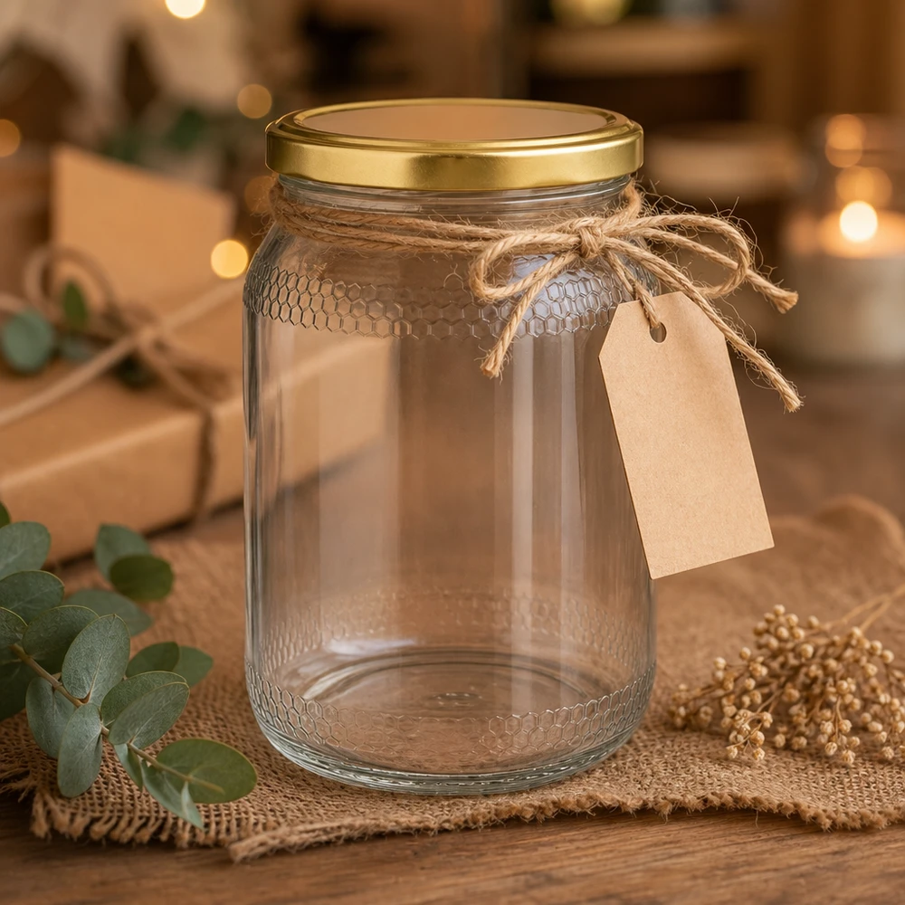 Vasetto per miele da 1260 g con capsula dorata BasicSeal UNiTWIST Vasetto di miele da 900 ml vuoto con spago di iuta ed etichetta - presentazione decorativa con coperchio dorato UNiTWIST