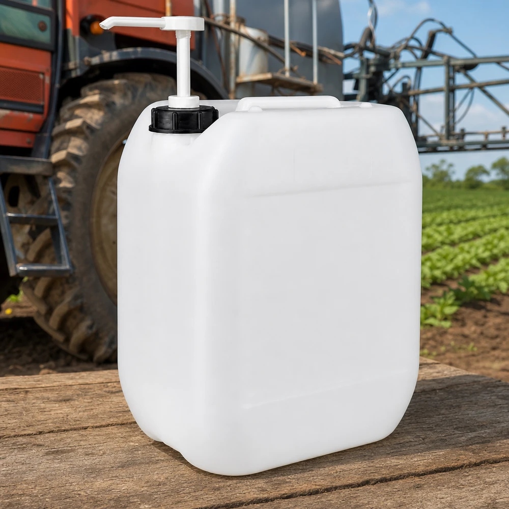 Tanica da 10 litri con pompa dosatrice Tanica bianca da 10 litri con pompa dosatrice utilizzata in ambito agricolo davanti a un trattore durante la coltivazione dei campi