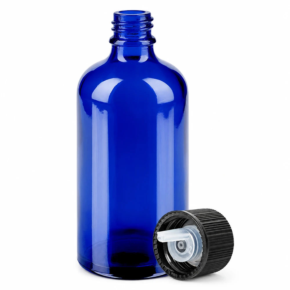 Flacone contagocce da 100 ml 1 mm nero STD BlueLine UT18/100 Flacone da 100 ml in vetro blu con inserto contagocce da 1 mm e tappo a vite nero per un dosaggio preciso