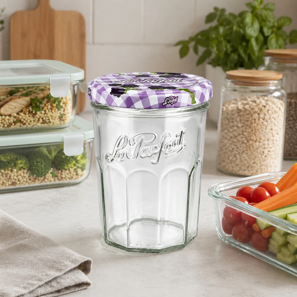 I tumbler Le Parfait da 385 ml in una cucina moderna tra vasi e verdure come soluzione di conservazione
