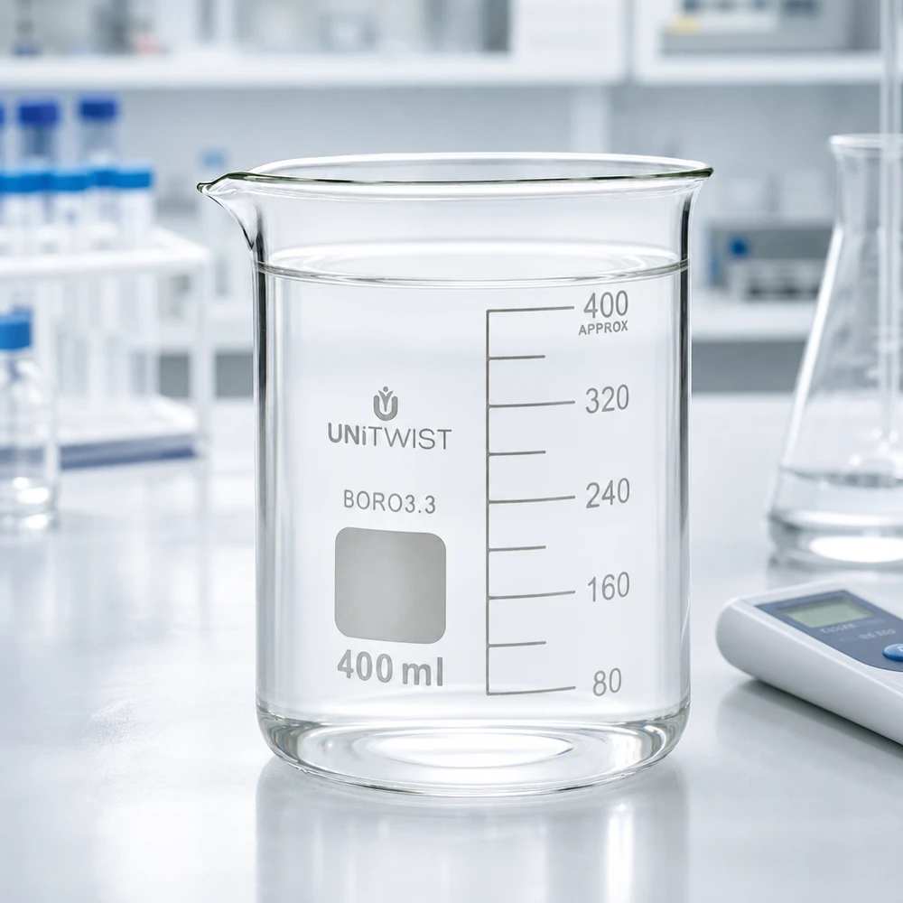 Bicchiere da laboratorio UNiTWIST da 400 ml in borosilicato 3.3 con beccuccio e superficie bianca per l'etichettatura