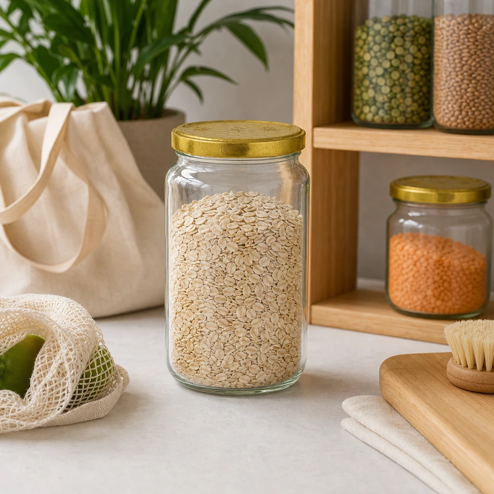 Barattolo rotondo da 795 ml + coperchio BasicSeal a nido d'ape UN.. Barattolo rotondo da 795 ml riempito di farina d'avena in una cucina sostenibile a rifiuti zero con ripiano in legno e contenitori di stoccaggio