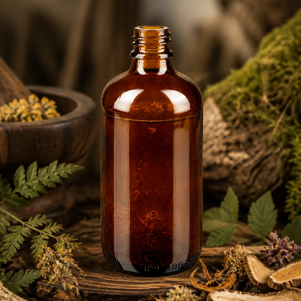 Flacone farmaceutico ambrato da 100 ml ApoGlas Bottiglia da farmacia marrone da 100 ml ApoGlas con felci, funghi ed erbe in un ambiente naturale di farmacia forestale
