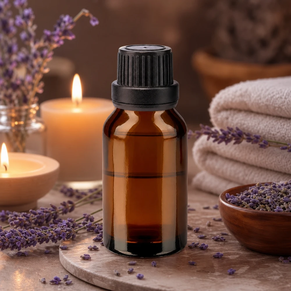 Bottiglia da farmacia marrone da 30ml. SV OV nero/11mm ApoGlas Flacone da farmacia marrone da 30 ml con lavanda e candele in un ambiente dedicato al benessere
