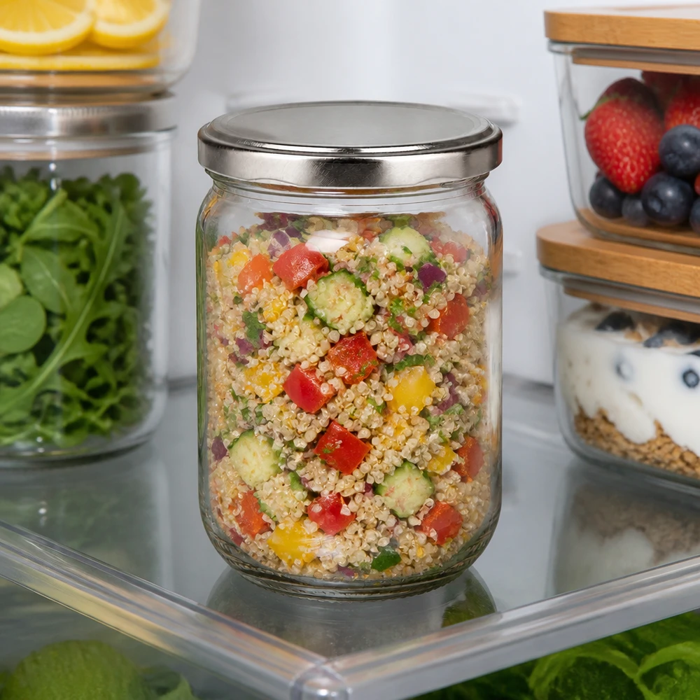 Barattolo per meal prep da 555 ml con coperchio in metallo argentato, riempito con insalata fresca di quinoa