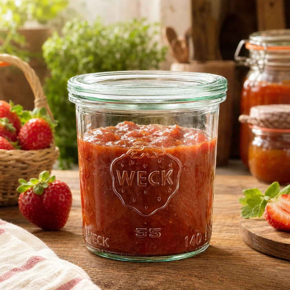 Vaso da conserva WECK 140ml RR60 pieno di marmellata di fragole su tavolo di legno con decorazione di fragole fresche