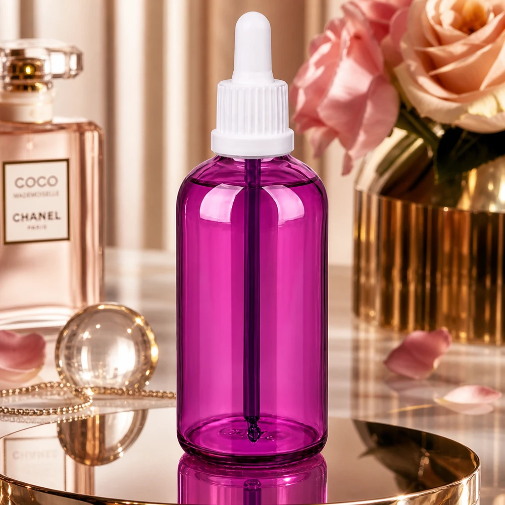 Bottiglia da 100 ml con tappo a vite bianco Originality PurpleLine UT18/100 Flacone contagocce PurpleLine di alta qualità da 100 ml in colore viola per applicazioni wellness e spa