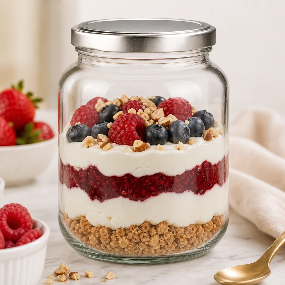 Vasetto ovale da 370 ml con coperchio BasicSeal argento UN.. 370ml Ovalglas BasicSeal als stylischer Dessertbehälter für geschichtetes Beerentrifle mit Joghurt und Nüssen