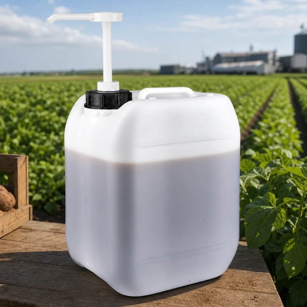 Tanica da 5 litri con pompa dosatrice davanti a un campo di patate verde e a un complesso agricolo