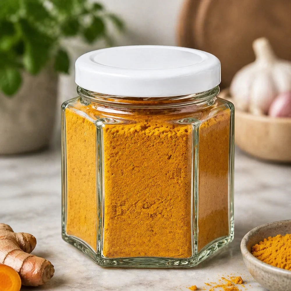 Barattolo hexa da 47 ml con coperchio BasicSeal bianco UNiTWIST Barattolo di vetro esagonale da 47 ml con coperchio bianco riempito di curcuma in polvere in un ambiente di cucina naturale con zenzero