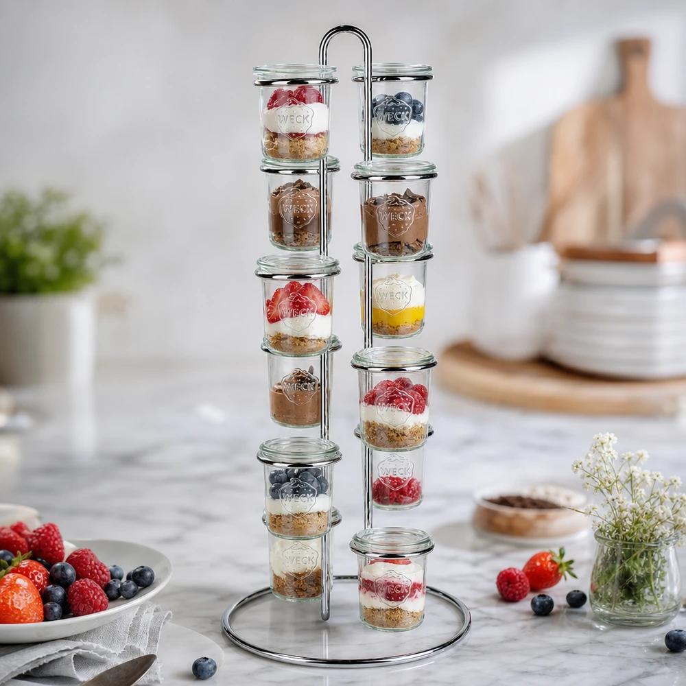 La presentazione dei dessert con il portavivande Vertico12 di WECK mostra 12 vasetti di yogurt, frutti di bosco e granola sul bancone della cucina
