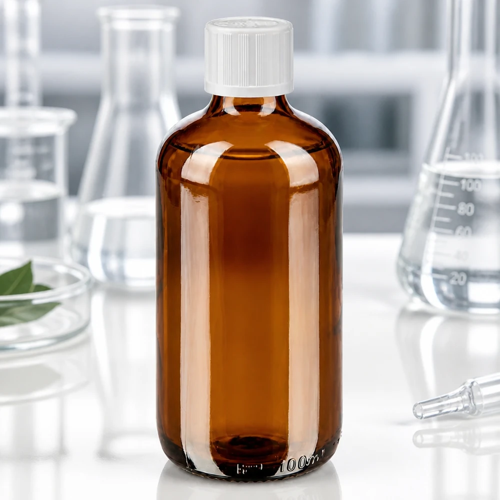Flacone in vetro ambrato da 100 ml con tappo di sicurezza per bambini bianco e contagocce, per uso in laboratorio