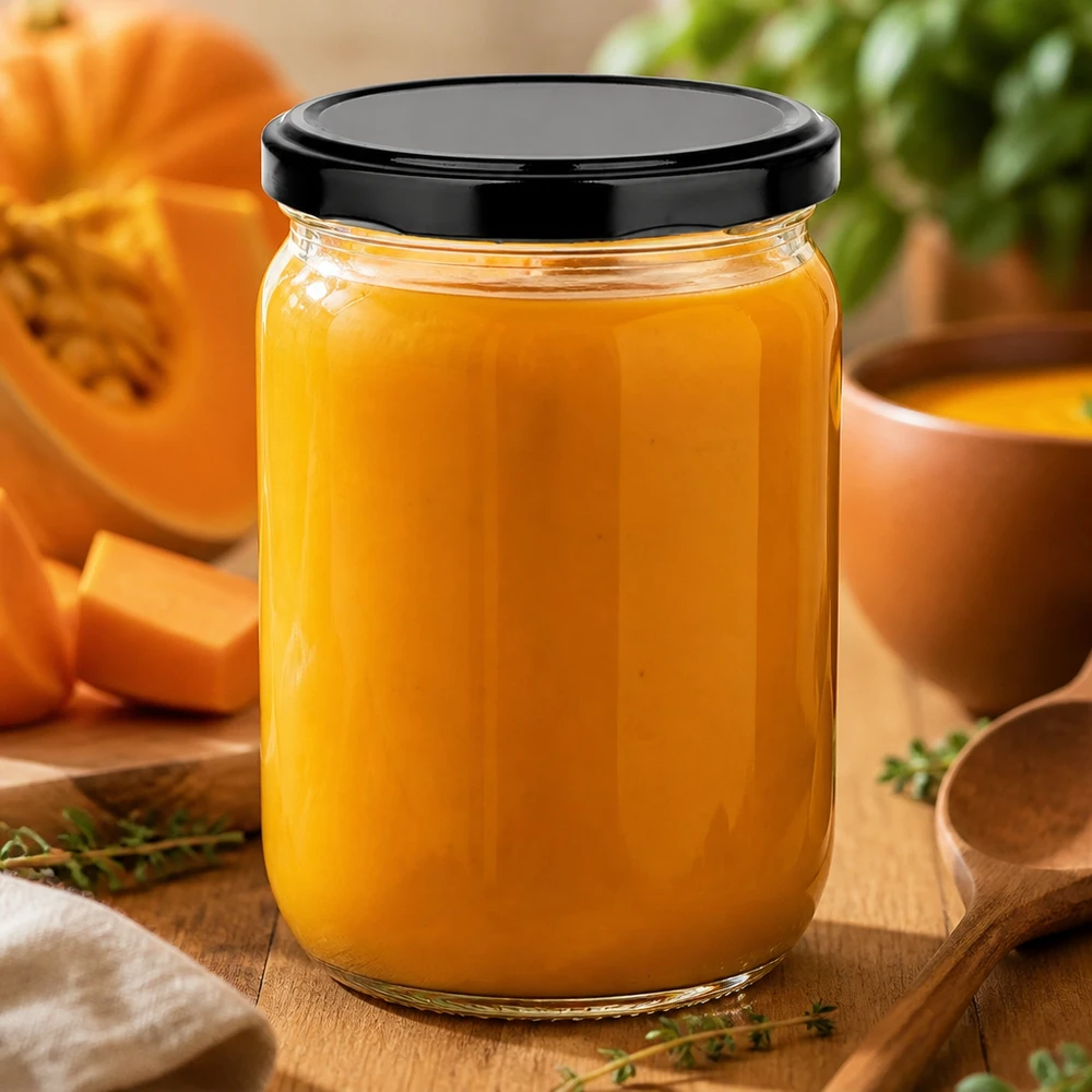 Barattolo rotondo in vetro da 555 ml con coperchio ermetico BasicSeal nero, riempito con purea di colore arancione