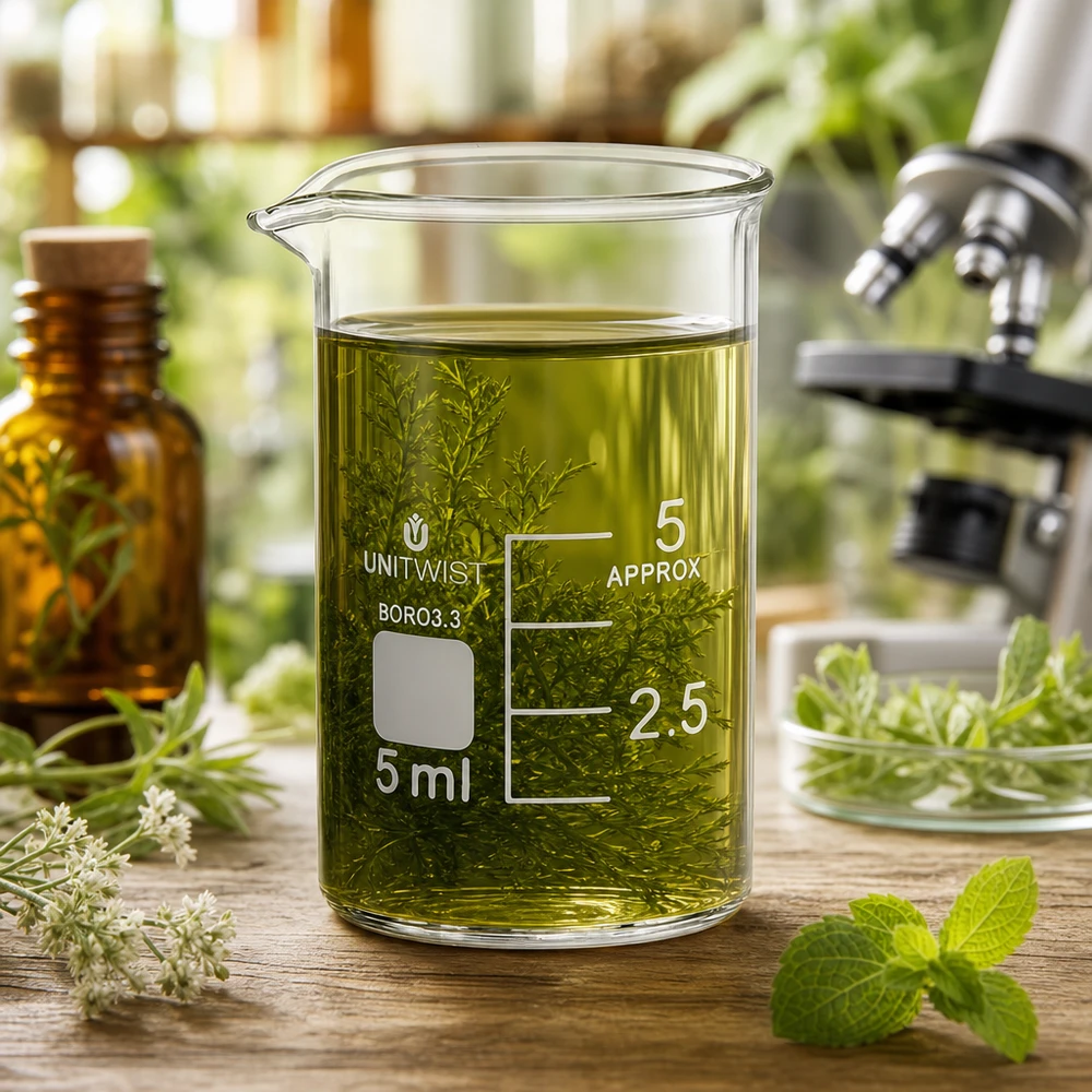 Bicchiere da laboratorio UNiTWIST da 5 ml in borosilicato, di forma bassa, con estratto di erbe e un microscopio sullo sfondo