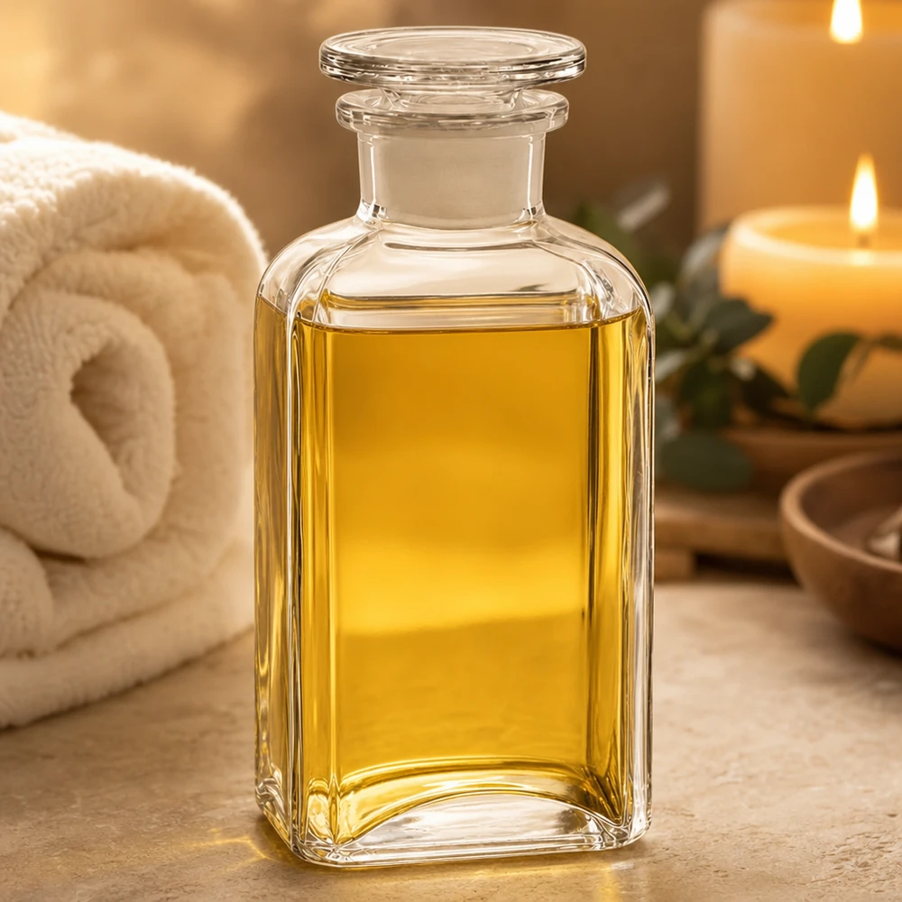 Flacone da farmacia da 250 ml, in vetro trasparente a sezione quadrata, con collo largo e tappo in vetro, riempito con olio giallo