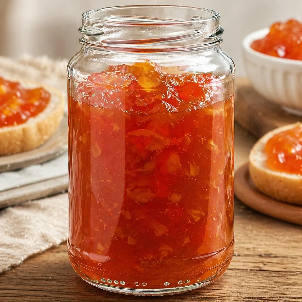 UNiTWIST Runda375 - Barattolo rotondo capacità 375ml TO63 UNiTWIST Runda375 Rundglas 375ml gefüllt mit hausgemachter Orangenmarmelade auf Holztisch neben Marmeladenbrot