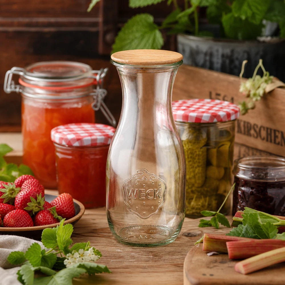 Bottiglia in vetro WECK 530ml RR60 con coperchio in legno in una cucina rustica accanto a marmellata, fragole e barattoli da conserva