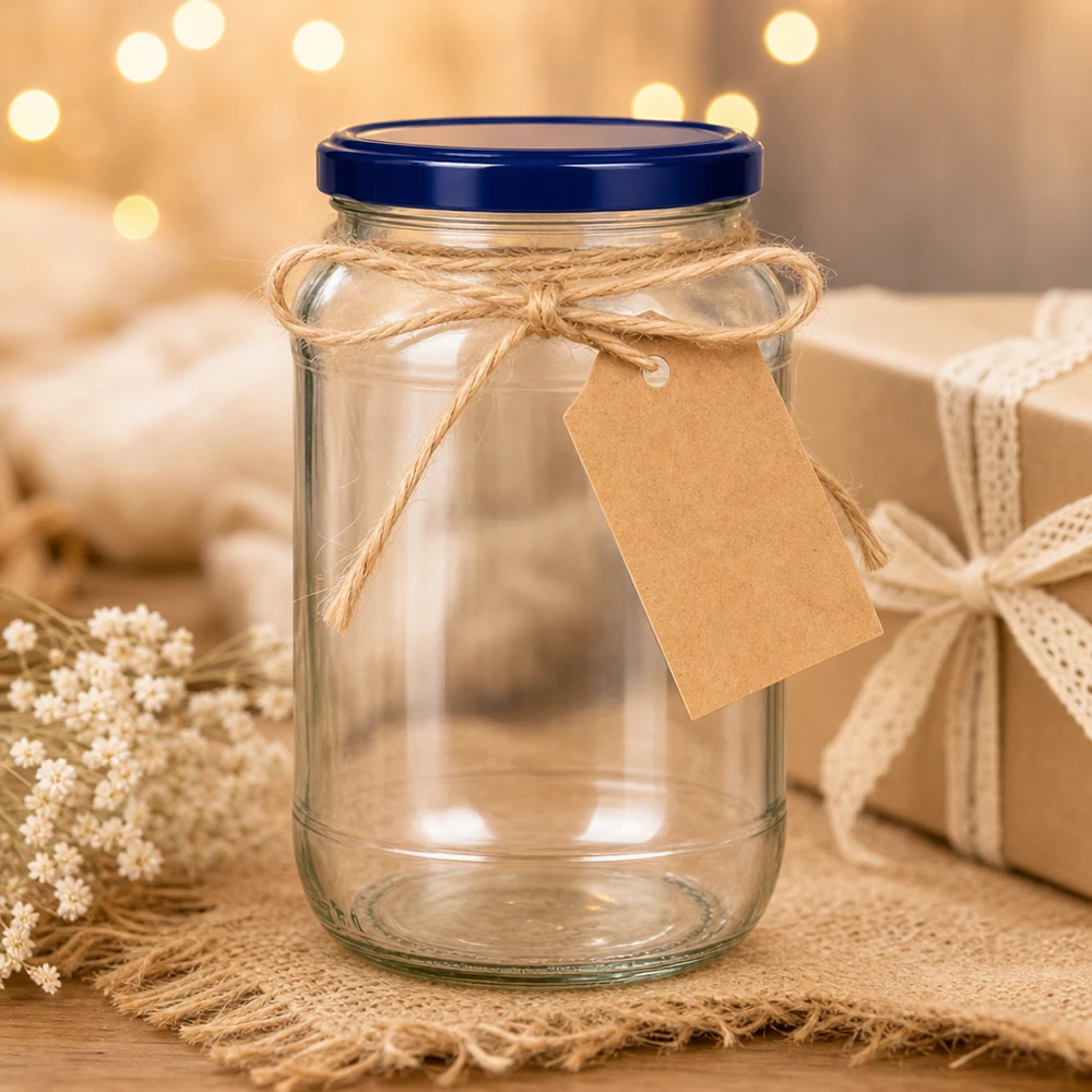 Barattolo rotondo da 1062 ml + coperchio BasicSeal blu UNiTWIST Barattolo rotondo da 1062 ml Coperchio blu BasicSeal Confezione regalo UNiTWIST Etichetta in carta kraft Nastro di iuta Decorazione