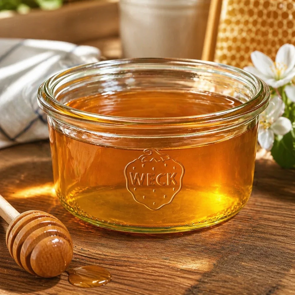Bicchieri WECK RR80 da 165 ml riempiti di miele su un tavolo di legno con cucchiaio e nido d'ape sullo sfondo