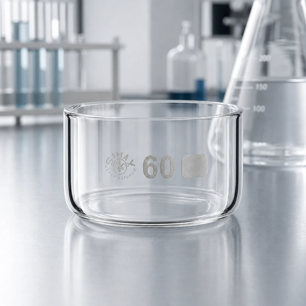 Bicchiere per cristallizzazione da 60 ml senza beccuccio Bo.. ø60mm Vaschetta di cristallizzazione Simax vuota da 60 ml in vetro borosilicato, di forma cilindrica, ø 60 mm, sul piano di lavoro del laboratorio