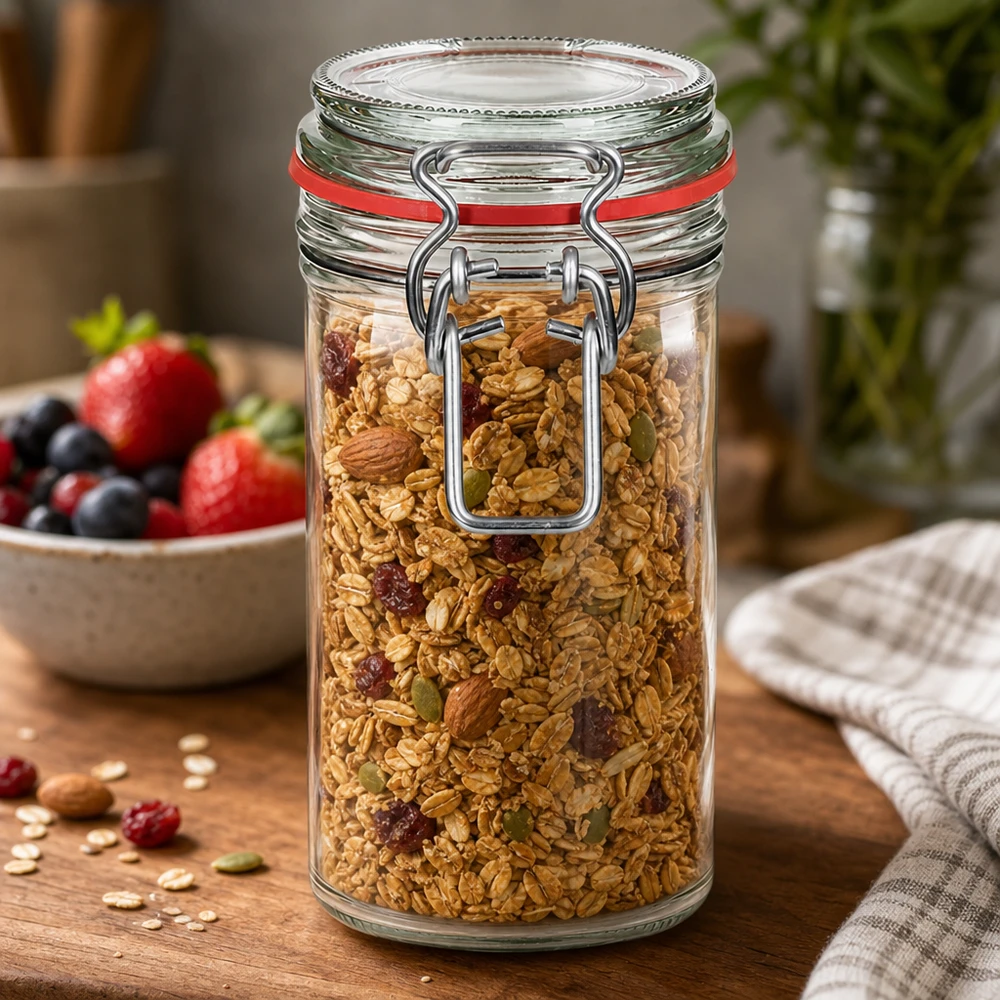 Barattolo da 272 ml, tipo G, con chiusura a clip UN.. Barattolo da 272 ml con tappo girevole riempito di muesli e noci sul tavolo di legno accanto a bacche fresche