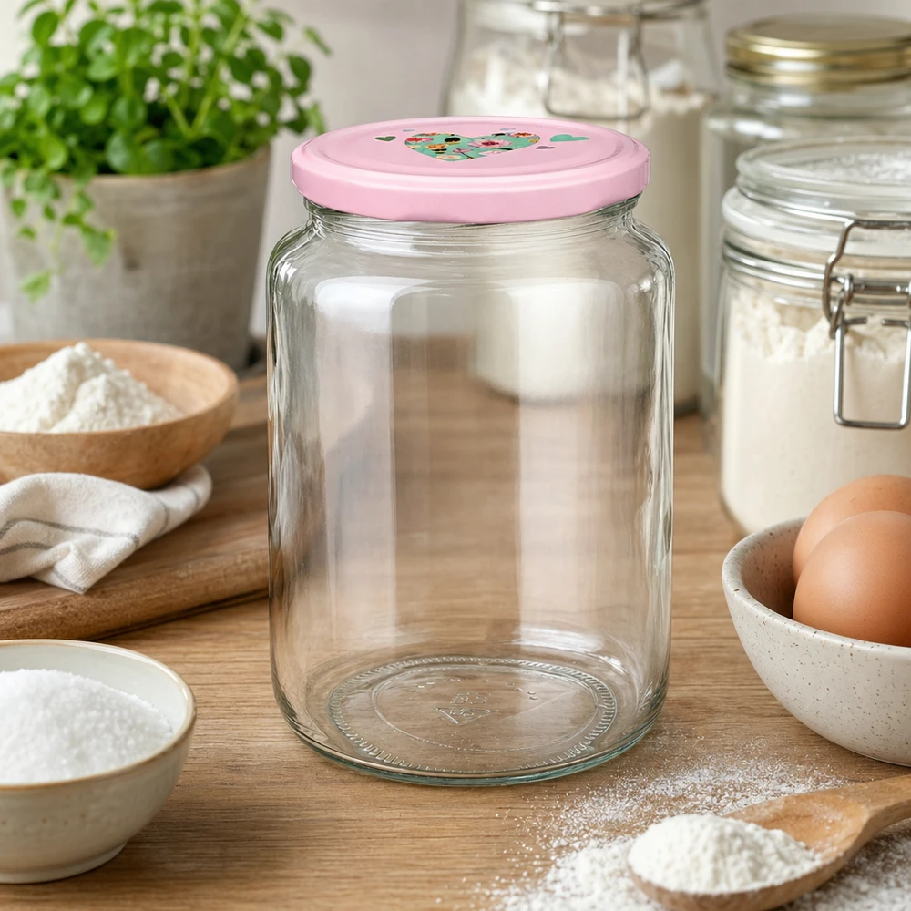 795ml vaso rotondo + coperchio BasicSeal cuore rosa UNiTWIST Leeres Rundglas 795ml mit rosa BasicSeal Deckel in Küchenszenerie zwischen Backzutaten Mehl und Eiern auf Holzbrett