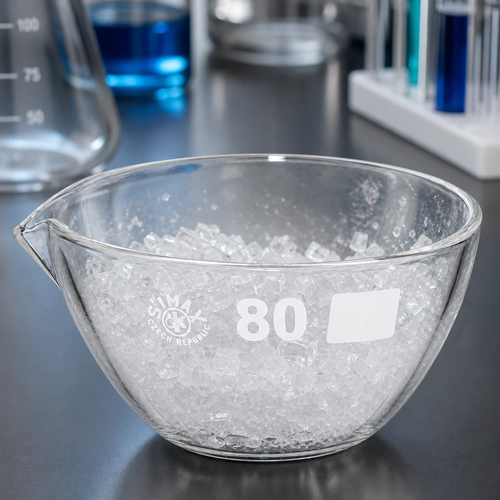 Piatto di evaporazione da 90ml con beccuccio in borosilicato ø80mm Vaschetta di precisione per vapori 90ml in vetro borosilicato ø80mm con beccuccio per analisi quantitative