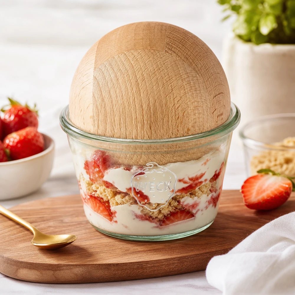 Vaso WECK RR100 da 370 ml con dessert alla fragola Coperchio a sfera in faggio Dessert a strati Dessert da servire