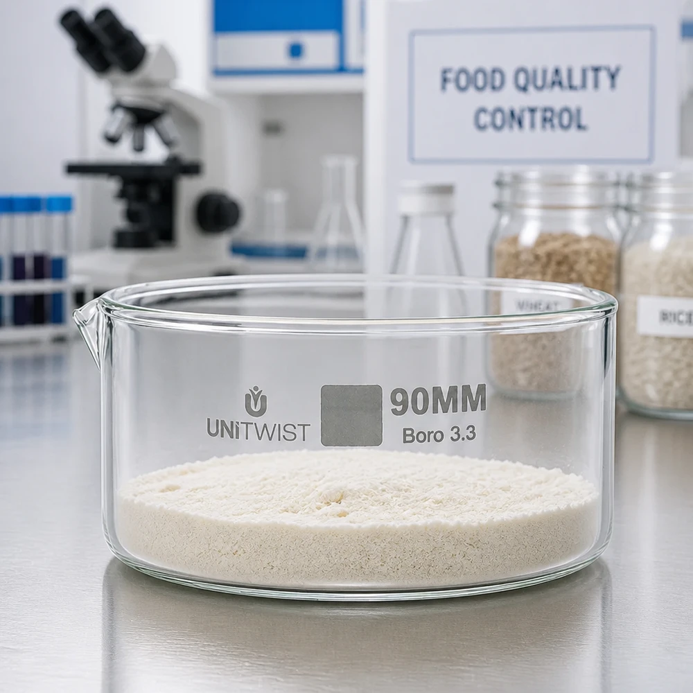 Piatto per cristallizzazione ø90 mm in vetro borosilicato UNiTWIST Vaschetta di cristallizzazione da 90 mm UNiTWIST Boro 3.3 con polvere di farina bianca - Laboratorio di controllo della qualità alimentare