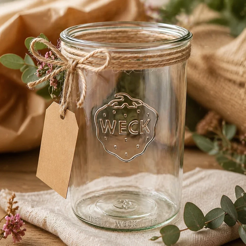 Barattolo per conserve WECK RR100 da 1000 ml con cordino di iuta e ciondolo decorato su un tavolo di legno rustico