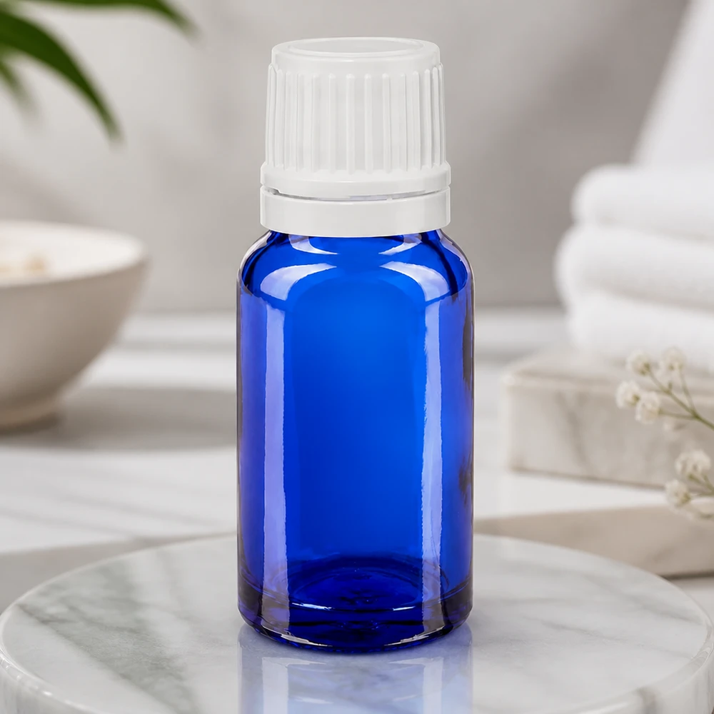 Flacone da farmacia da 10 ml in vetro blu con tappo a vite bianco SV OV 11 mm, a prova di luce