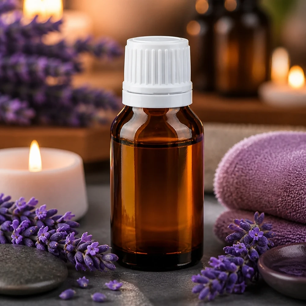 Bottiglia da farmacia marrone 15ml con tappo a vite bianco OV Flacone da farmacia da 15 ml marrone con tappo a vite bianco accanto a fiori di lavanda e candele