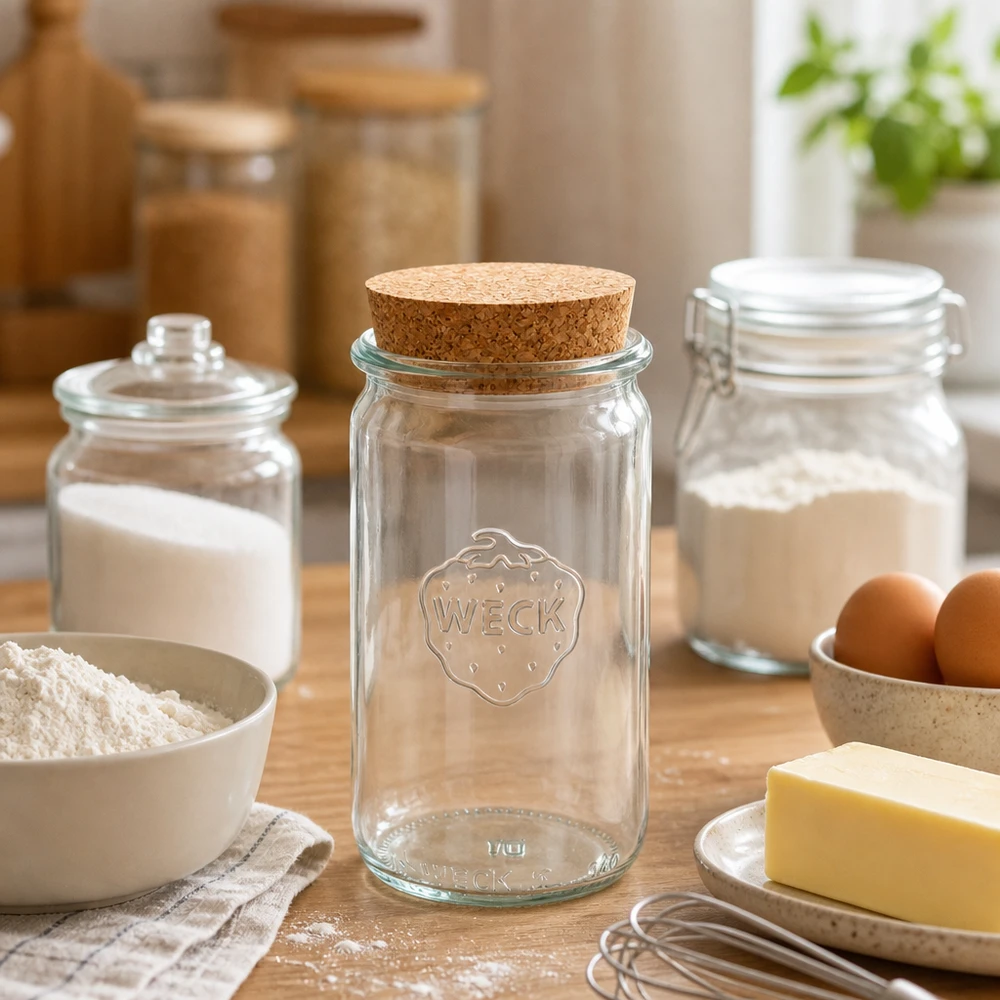 WECK vaso per conserve 340ml RR60 con tappo in sughero tra ingredienti da forno farina burro uova come pratico barattolo da cucina