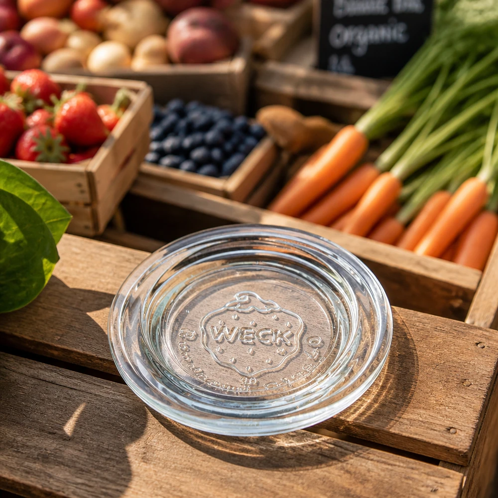 Coperchio di vaso WECK RR40 su un tavolo di legno in un'atmosfera di mercato con frutta e verdura fresca sullo sfondo