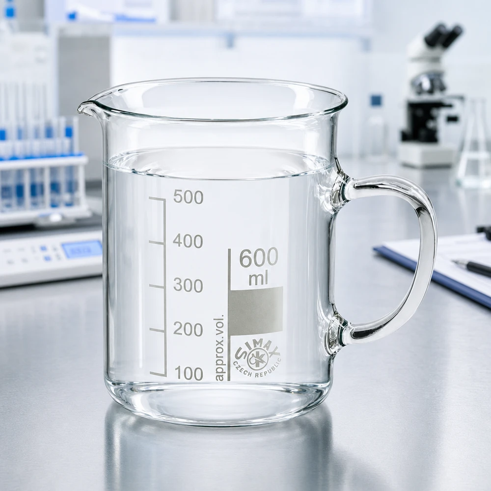 Bicchiere da laboratorio trasparente da 600 ml con manico della Simax (Repubblica Ceca) su un tavolo da laboratorio con microscopio