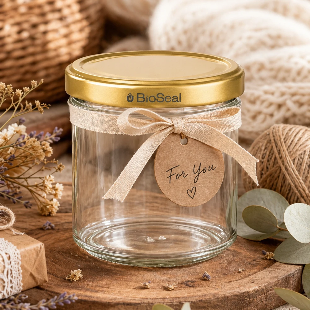 Vasetto per miele da 200 g con capsula dorata BioSeal UNiTWIST Vasetto di miele da 200 g vuoto con coperchio dorato BioSeal in regalo, decorato con fiocco e cartellino For You