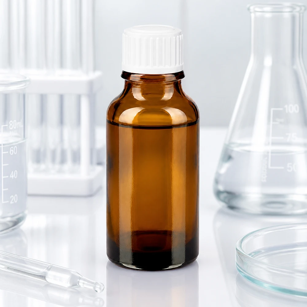 Fiaschetta da farmacia in vetro ambrato da 20 ml con tappo bianco SV STD da 11 mm, in laboratorio tra un matraccio di Erlenmeyer e un becher