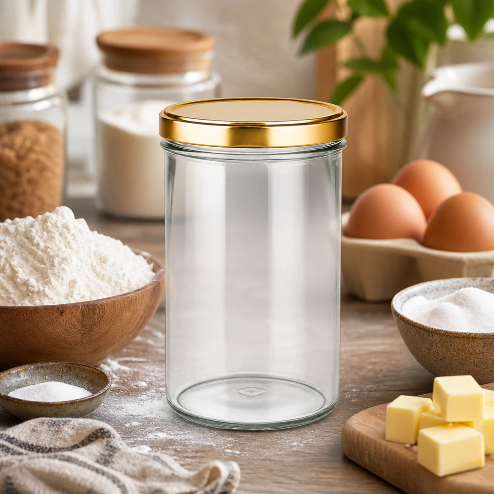 Bicchieri da 277 ml con coperchio BasicSeal oro UNiTWIST Vaso di vetro da 277 ml con coperchio dorato in cucina con ingredienti da forno farina uova burro come vaso di stoccaggio per la cottura