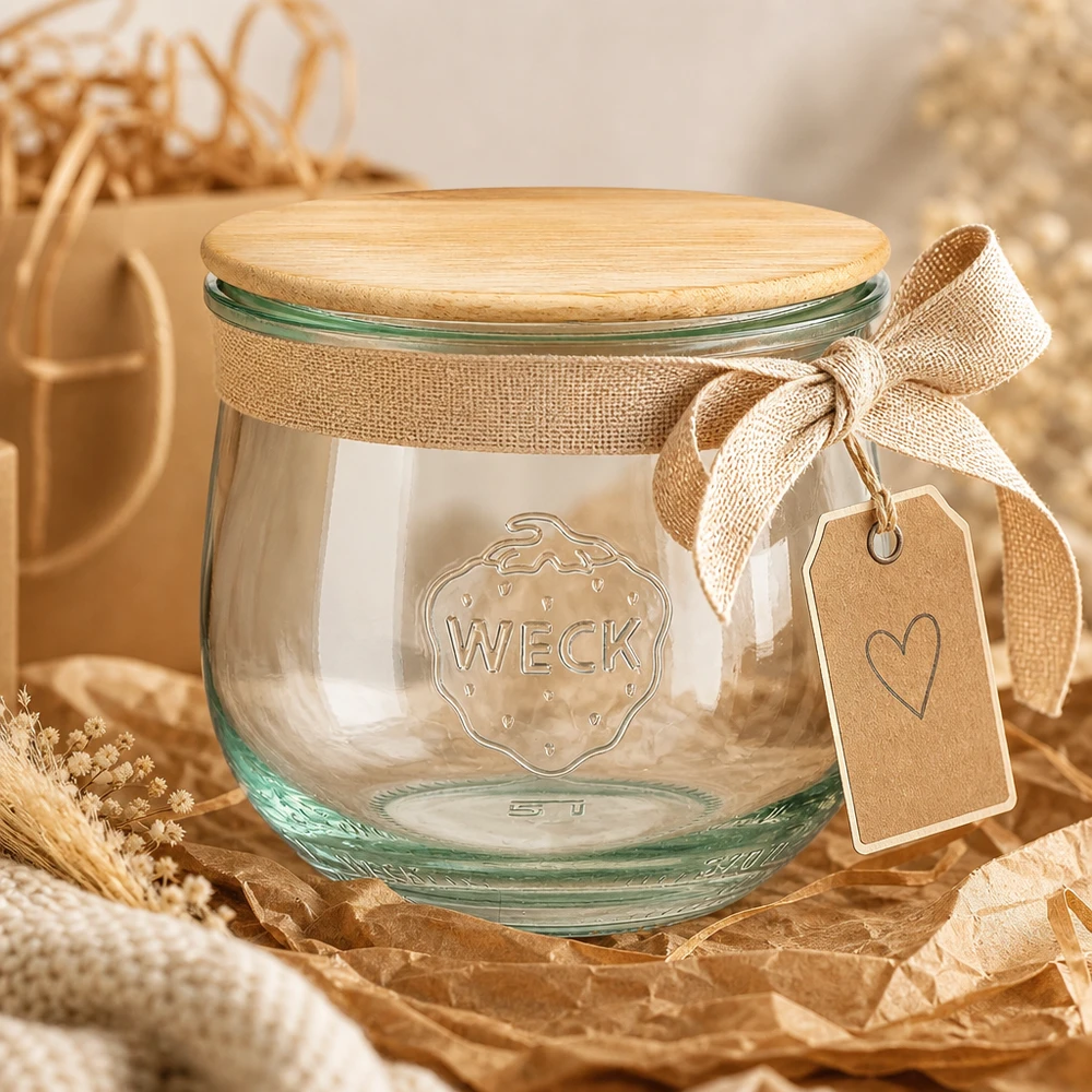 Barattolo a tulipano da 370 ml WECK RR80 con coperchio in legno WECK RR80 370ml vaso a tulipano come confezione regalo con fiocco di iuta ed etichetta su materiali decorativi naturali