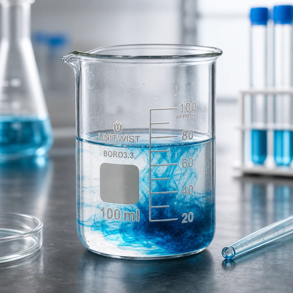 Becher da laboratorio trasparente da 100 ml con liquido blu che si diffonde su una superficie metallica