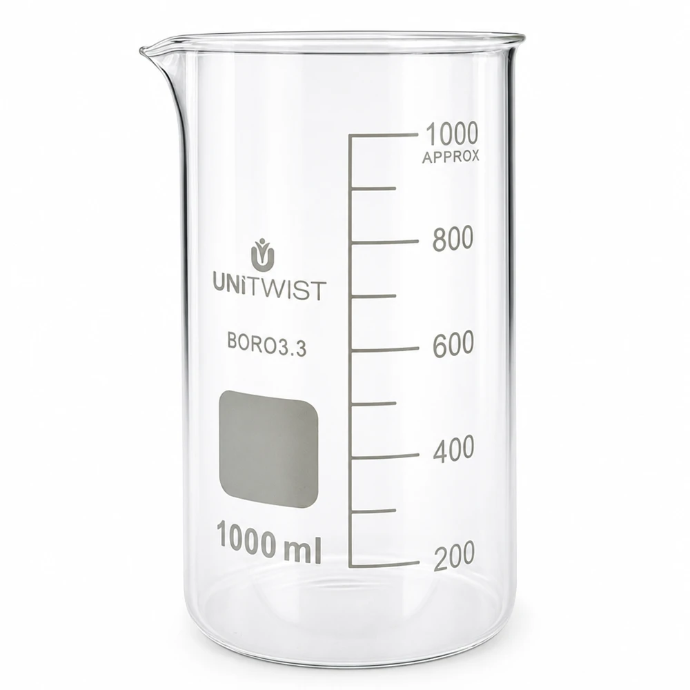 Bicchiere da laboratorio da 1000 ml, modello alto, in vetro borosilicato UNITWIST con scala graduata in millilitri fino a 1000 ml