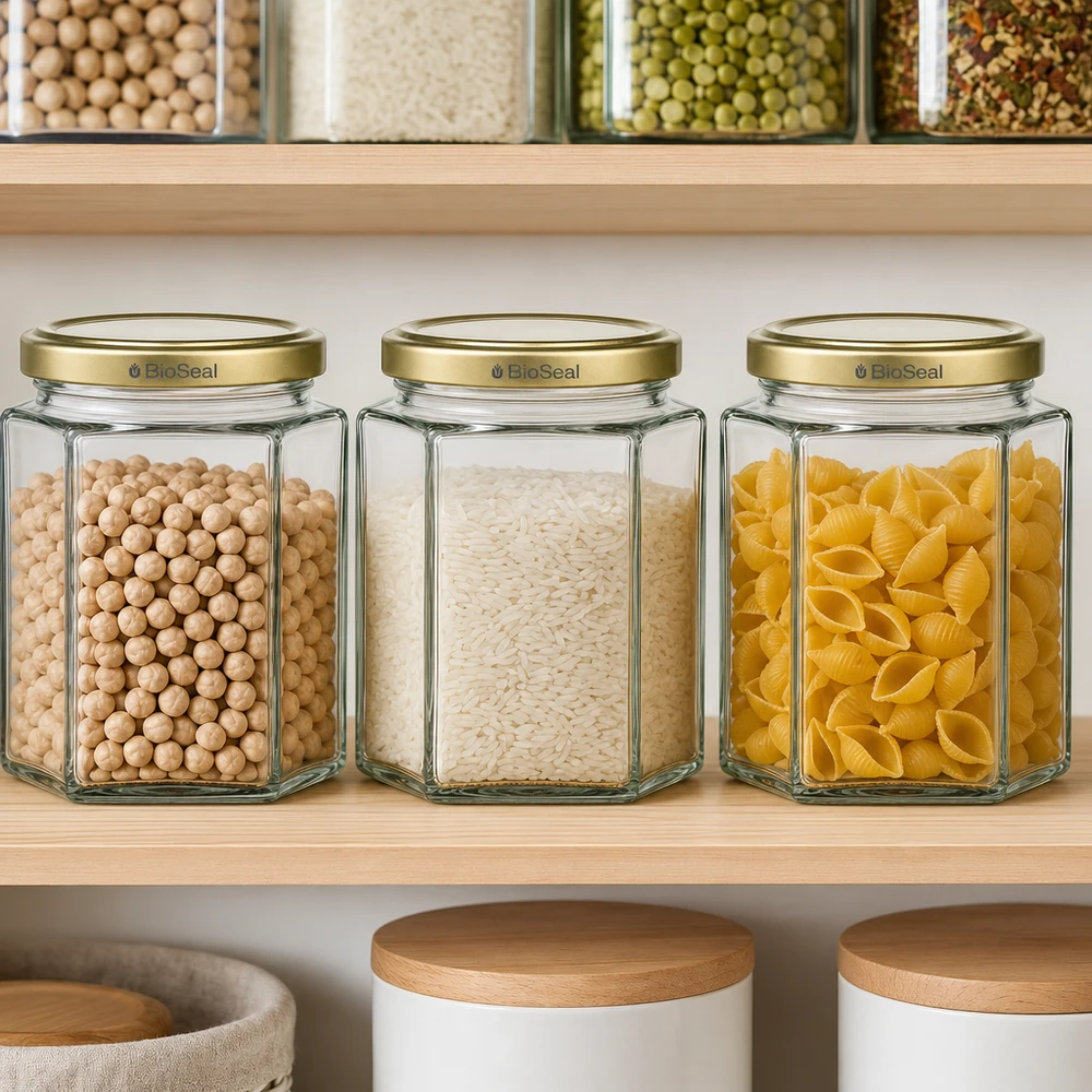 Vasetto per miele da 520 g con capsula dorata BioSeal UNiTWIST Vasetti di miele BioSeal da 520 g, esagonali con coperchio dorato, in dispensa, riempiti di riso e pasta con ceci.