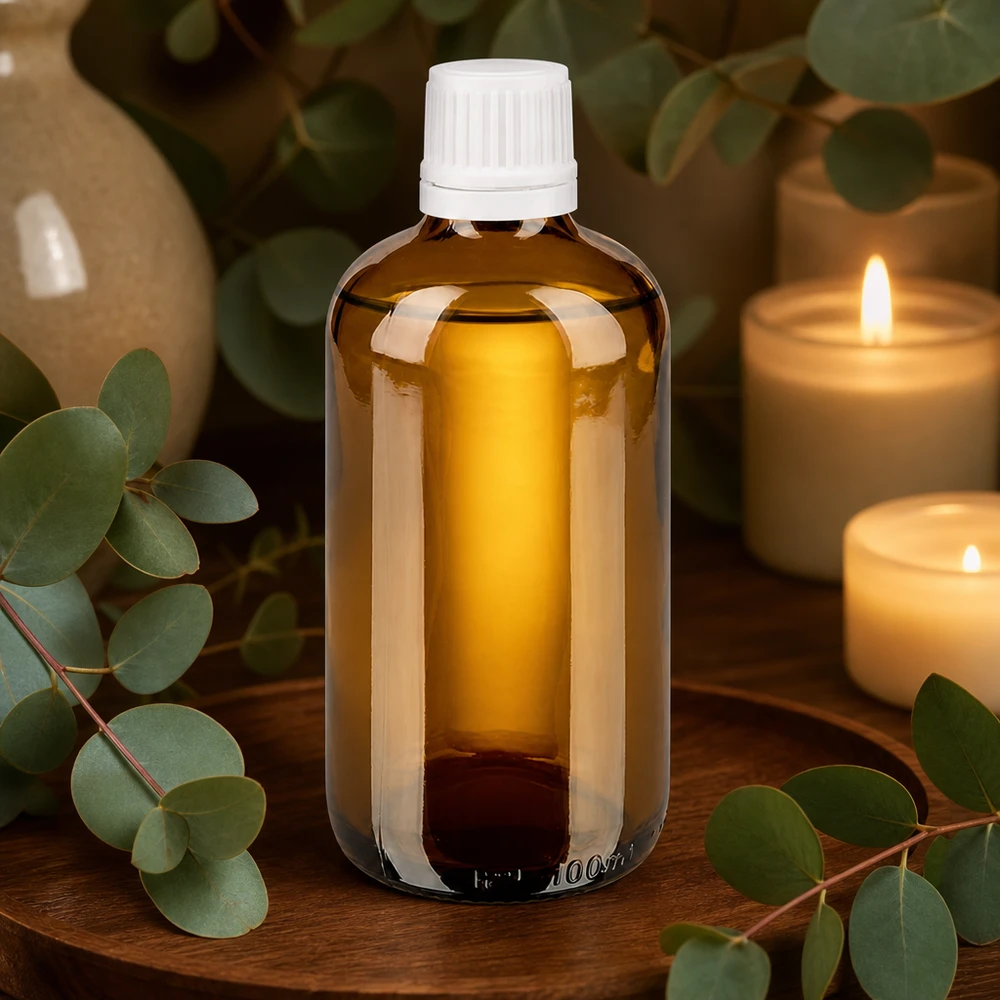 Bottiglia da farmacia marrone da 100 ml. SV OV bianco/11mm ApoGlas Flacone di vetro marrone da 100 ml con tappo di sicurezza bianco, su vassoio di legno profumato all’eucalipto