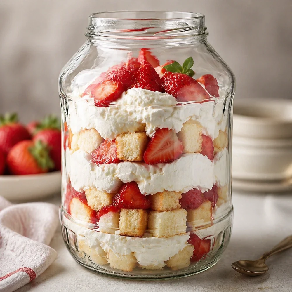 UNiTWIST Runda2650 - Bicchieri capacità 2650ml TO100 UNiTWIST Runda2650 tumbler 2650ml con dessert a strati di fragole, panna e pezzi di torta TO100 bicchiere da dessert filettato