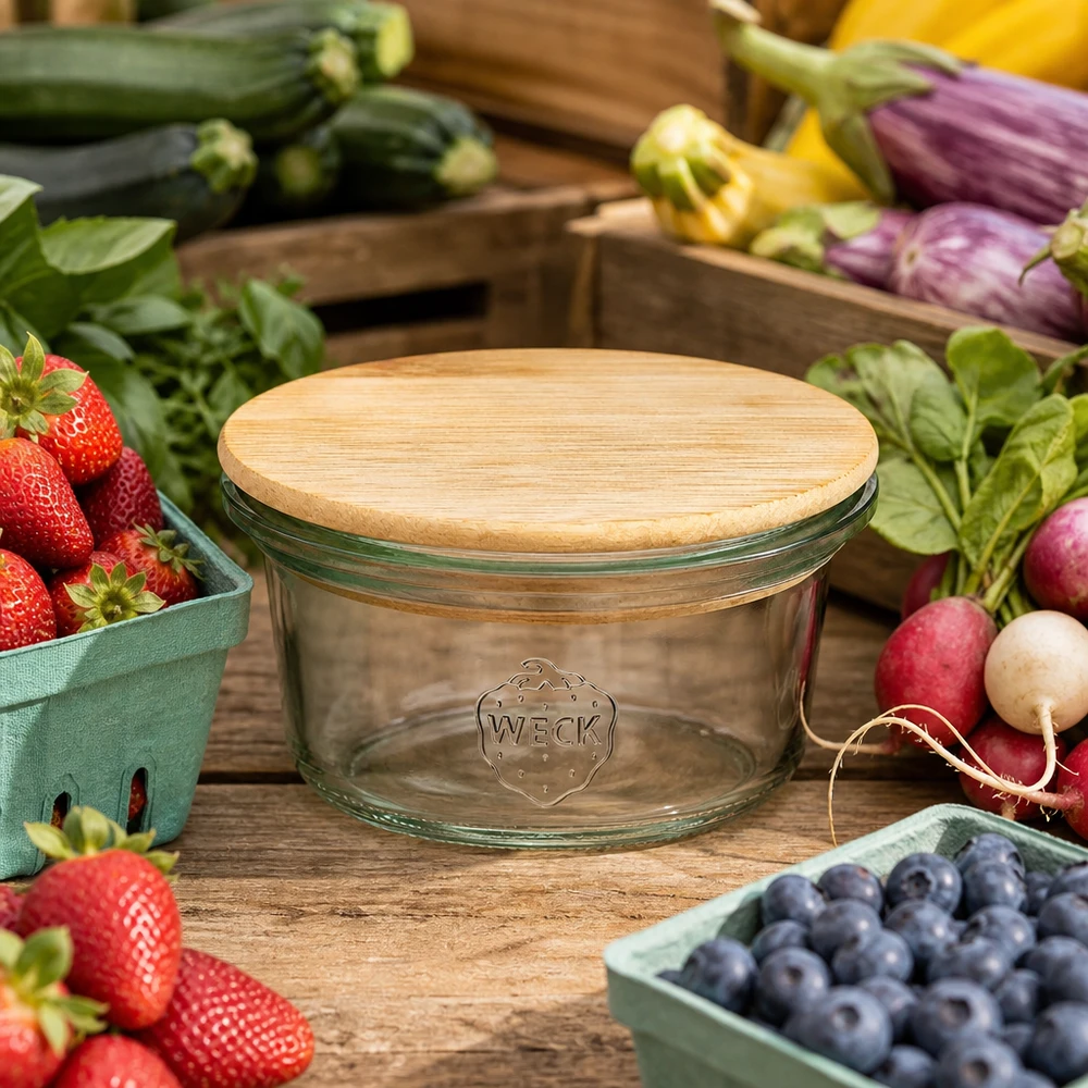 WECK mini mason jar 50ml con coperchio in bambù circondato da frutta e verdura fresca su un tavolo di legno in stile cascina