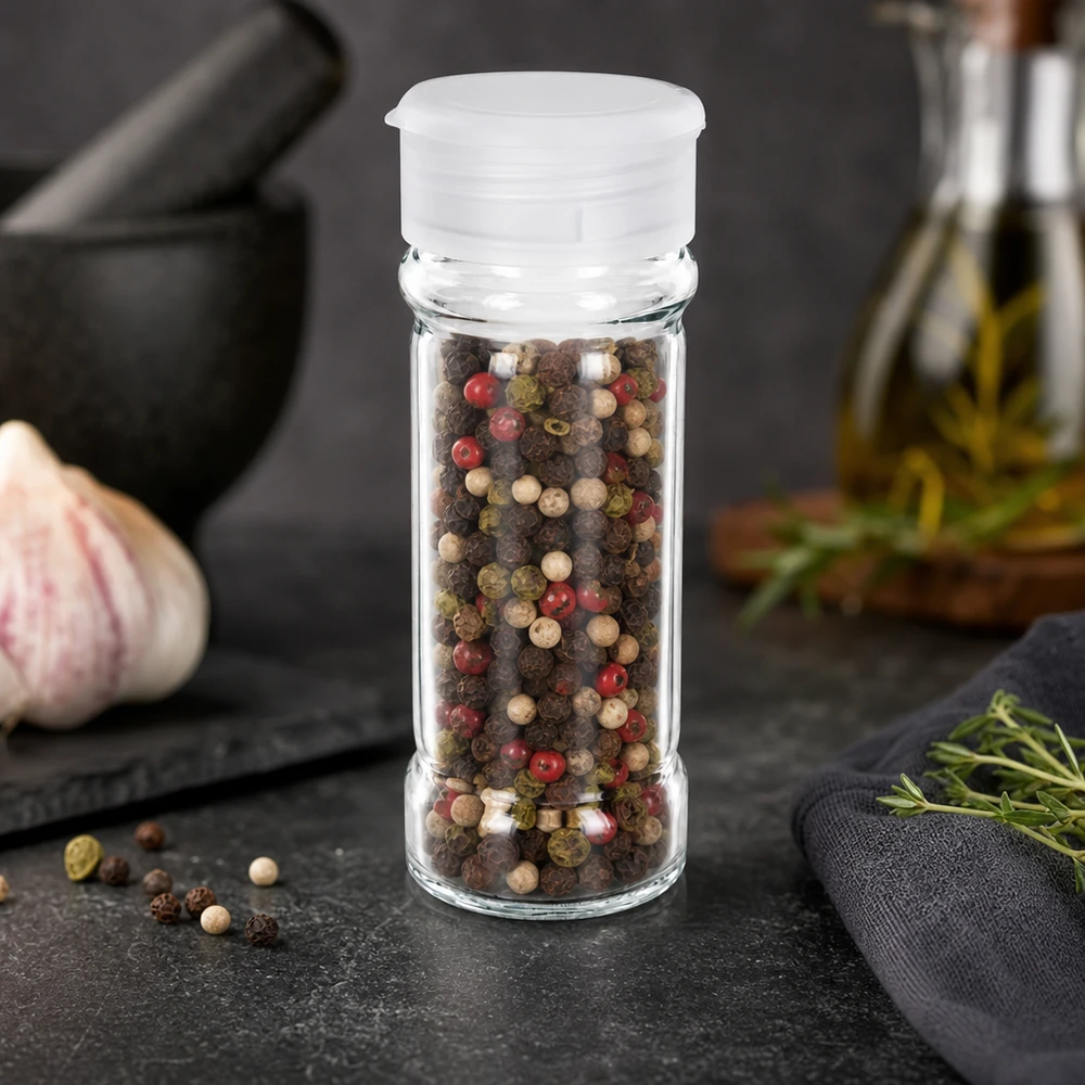 Barattolo per sale/spezie da 100 ml con dosatore, bianco Barattolo trasparente per spezie da 100 ml con coperchio dosatore bianco, riempito con grani di pepe colorati
