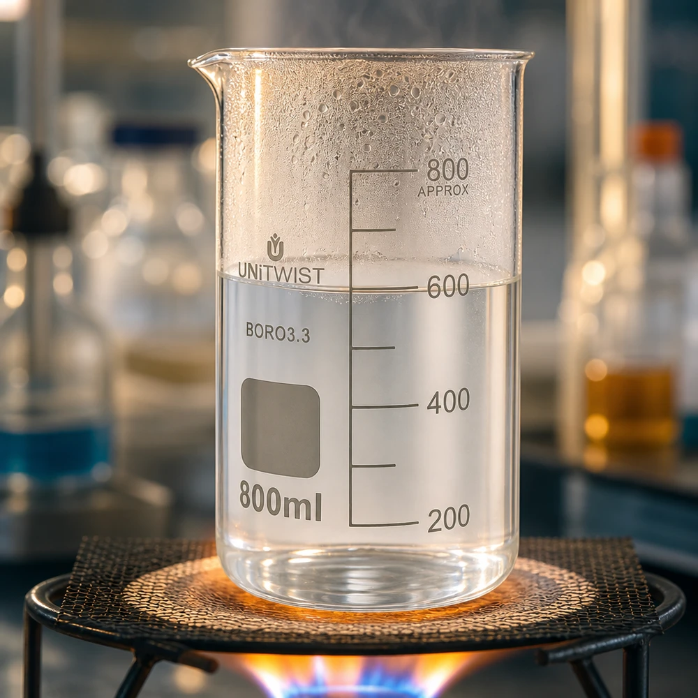 Bicchiere da laboratorio UNITWIST da 800 ml in borosilicato, di forma alta, riscaldato su un bruciatore a gas e contenente un liquido trasparente