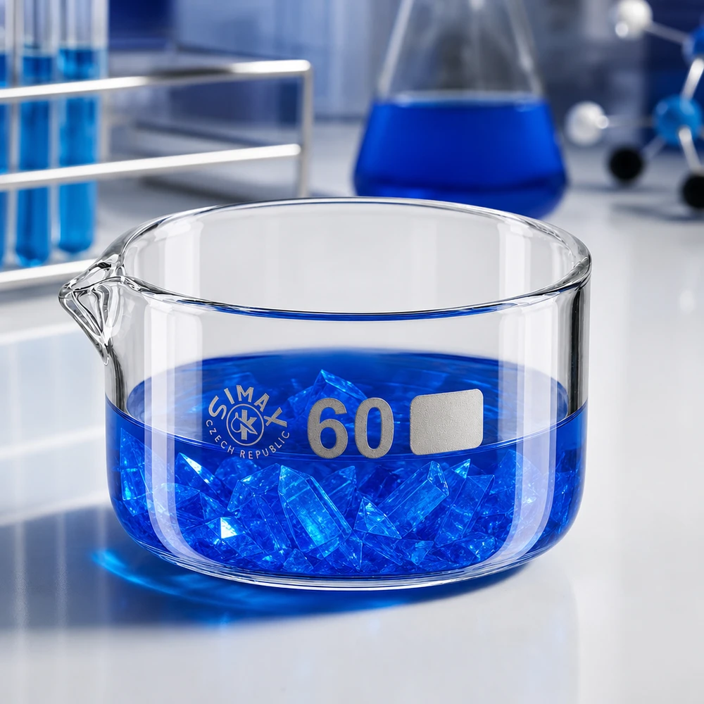 Piatto per cristallizzazione da 60 ml con beccuccio Bo. ø60mm Ciotola di cristallizzazione Simax da 60 ml in vetro borosilicato, cristalli blu, ciotola da laboratorio cilindrica piatta trasparente