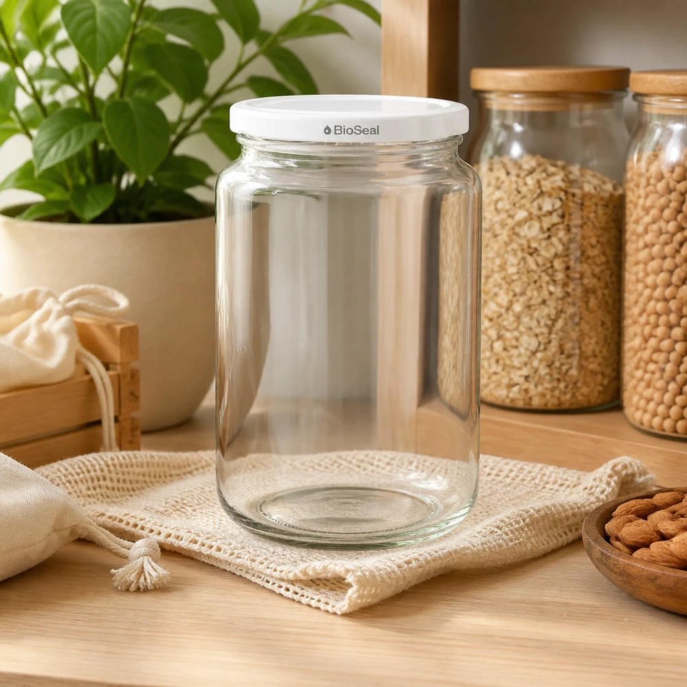 UNiTWIST Runda382 con coperchio bianco TO66 BioSeal Barattolo per conserve UNiTWIST Runda382 in un ambiente di cucina - barattolo di vetro vuoto con coperchio bianco BioSeal accanto a barattoli di conservazione