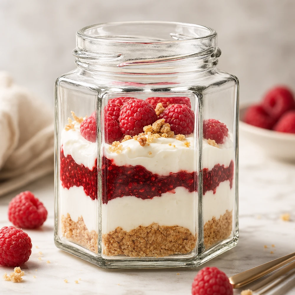 UNiTWIST Hexa196 - Vaso a 6 angoli capacità 196ml TO58 UNiTWIST Hexa196 bicchiere esagonale da 196 ml riempito con un dessert a strati di frutti di bosco, yogurt e briciole di biscotto